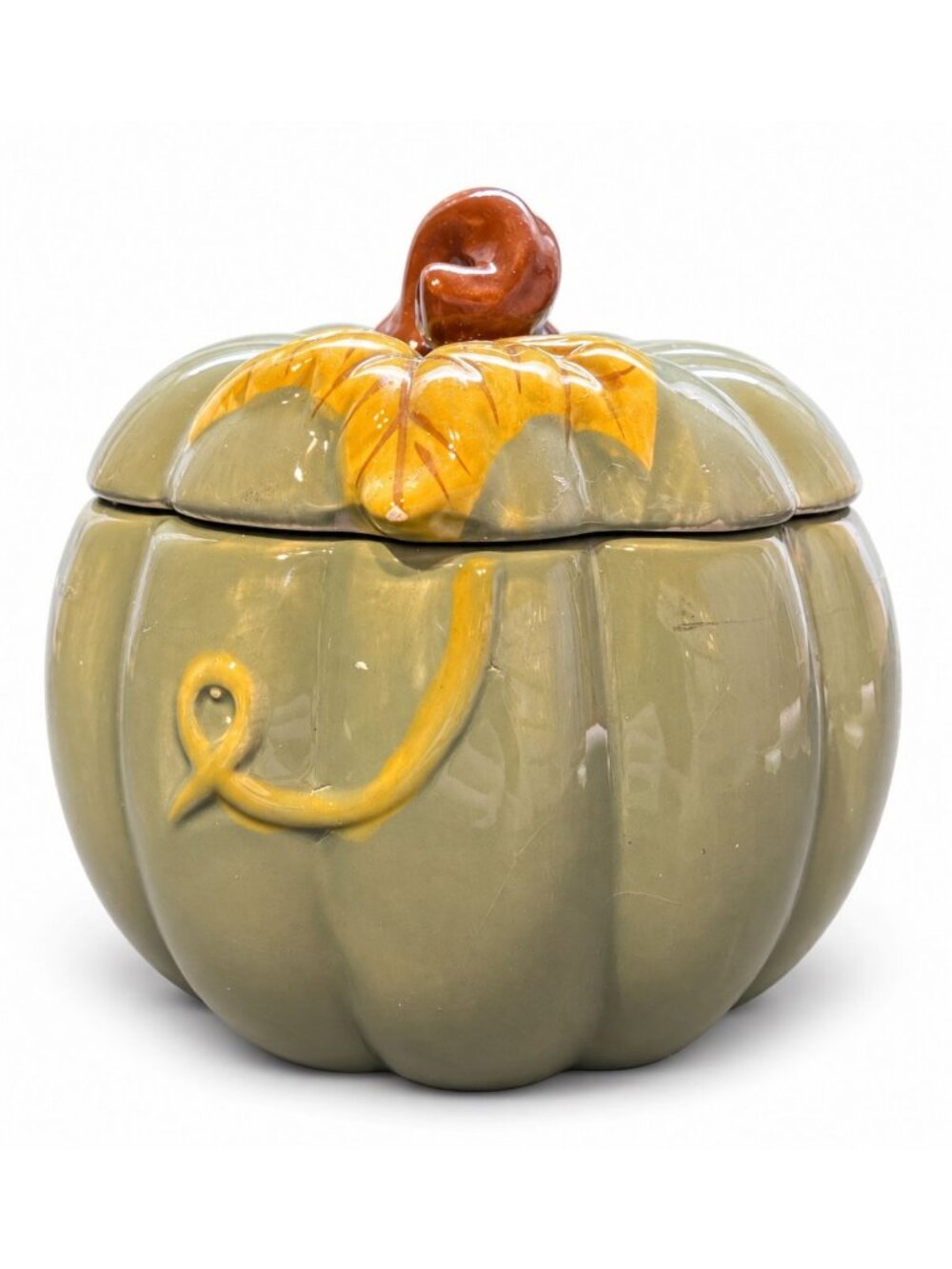 Hand-Painted Pumpkin Green Earthenware Candy Jar Dishwasher & Microwave Safe 5.3